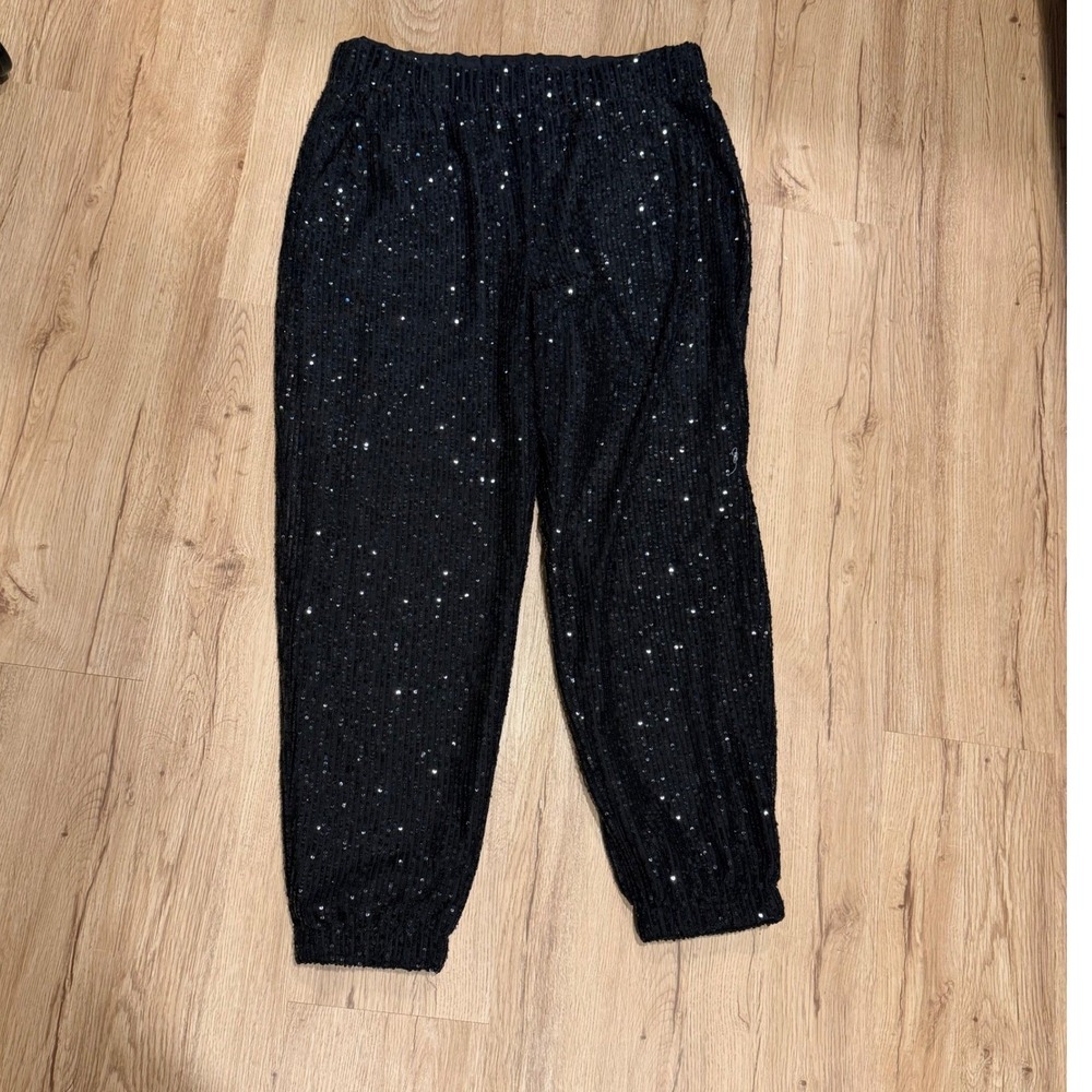 LOFT Womens Black Sequin Jogger Pants Elastic Waist Size Medium Sparkly Holiday - Picture 2 of 8